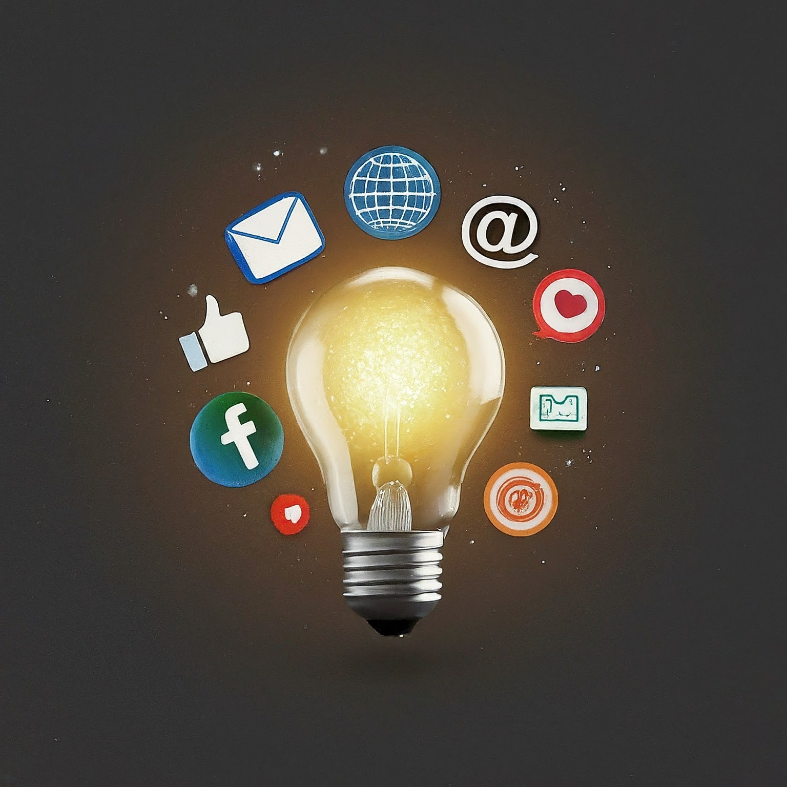 Yakir Digital idea bulb surrounded by social icons on dark backrowound